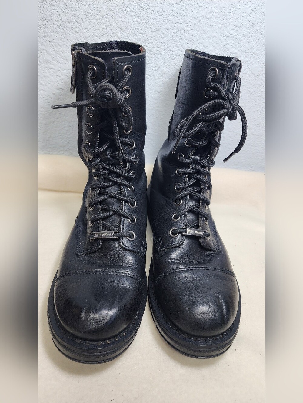 Black Lace-Up Leather Combat Boots with Side Zipper